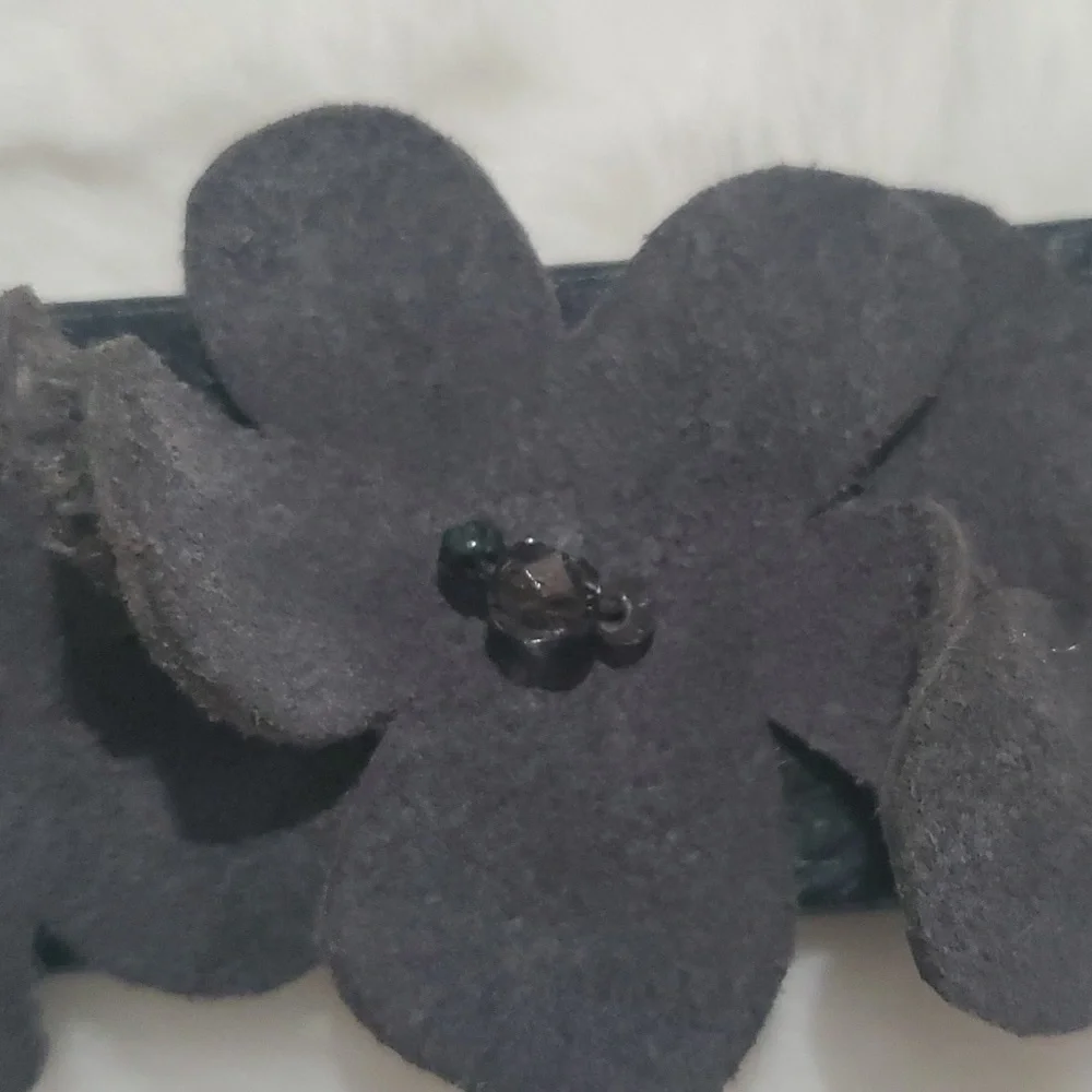 Leather cuff black gray flowers